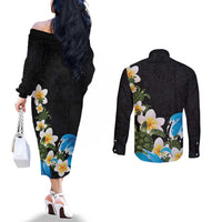 Hawaiian Plumeria and Turtle Couples Matching Off The Shoulder Long Sleeve Dress and Long Sleeve Button Shirt with Polynesian Tribal Art Pattern Vintage Vibes