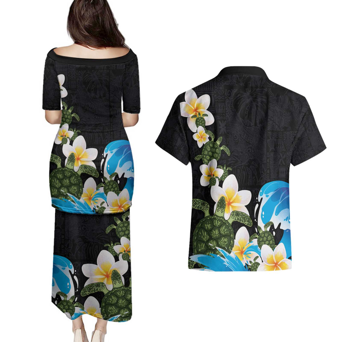 Hawaiian Plumeria and Turtle Couples Matching Puletasi and Hawaiian Shirt with Polynesian Tribal Art Pattern Vintage Vibes LT03 - Polynesian Pride