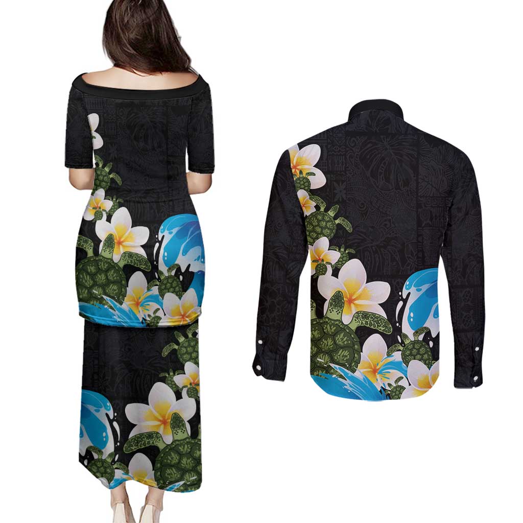 Hawaiian Plumeria and Turtle Couples Matching Puletasi and Long Sleeve Button Shirt with Polynesian Tribal Art Pattern Vintage Vibes LT03 - Polynesian Pride