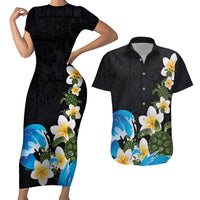 Hawaiian Plumeria and Turtle Couples Matching Short Sleeve Bodycon Dress and Hawaiian Shirt with Polynesian Tribal Art Pattern Vintage Vibes LT03 Black - Polynesian Pride