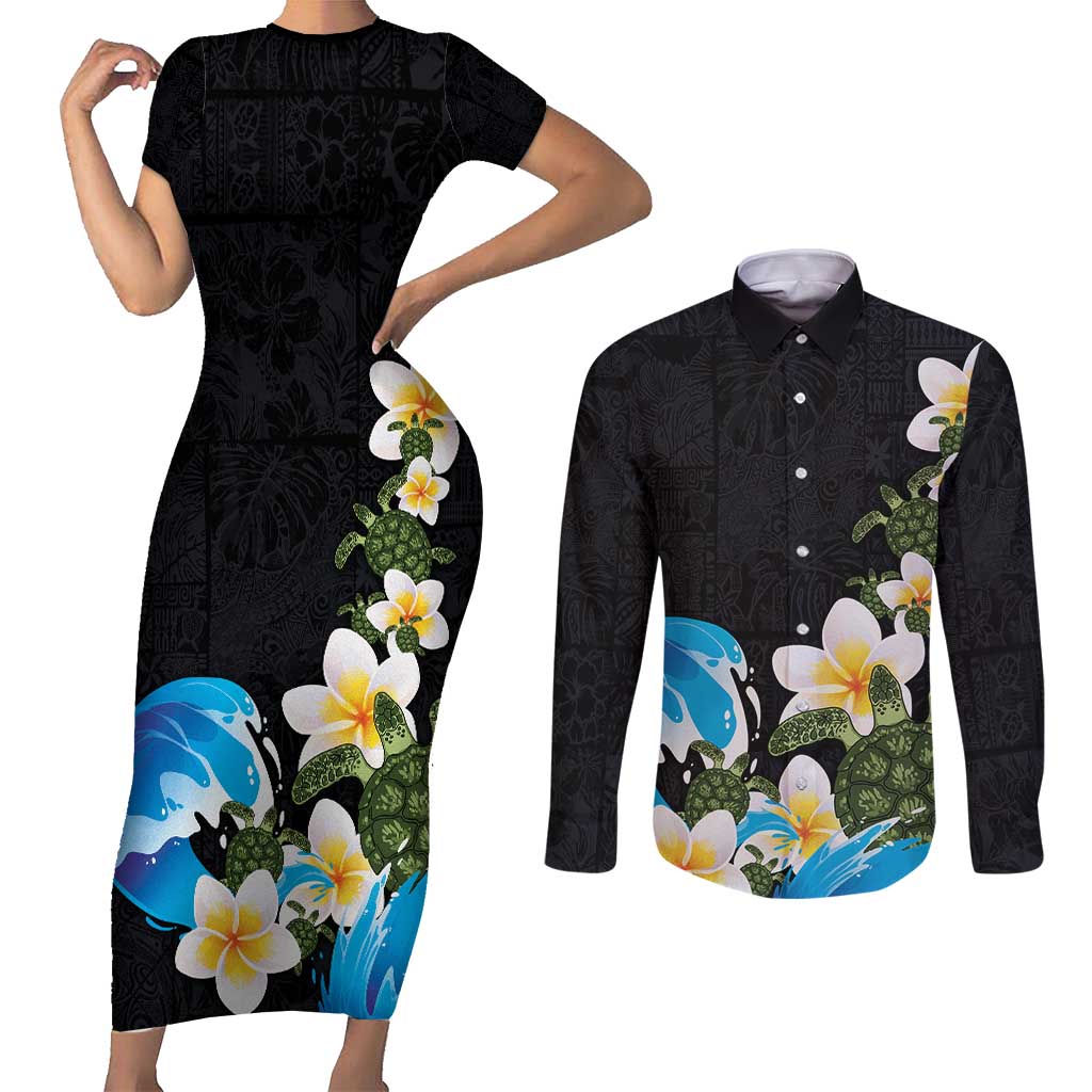Hawaiian Plumeria and Turtle Couples Matching Short Sleeve Bodycon Dress and Long Sleeve Button Shirt with Polynesian Tribal Art Pattern Vintage Vibes