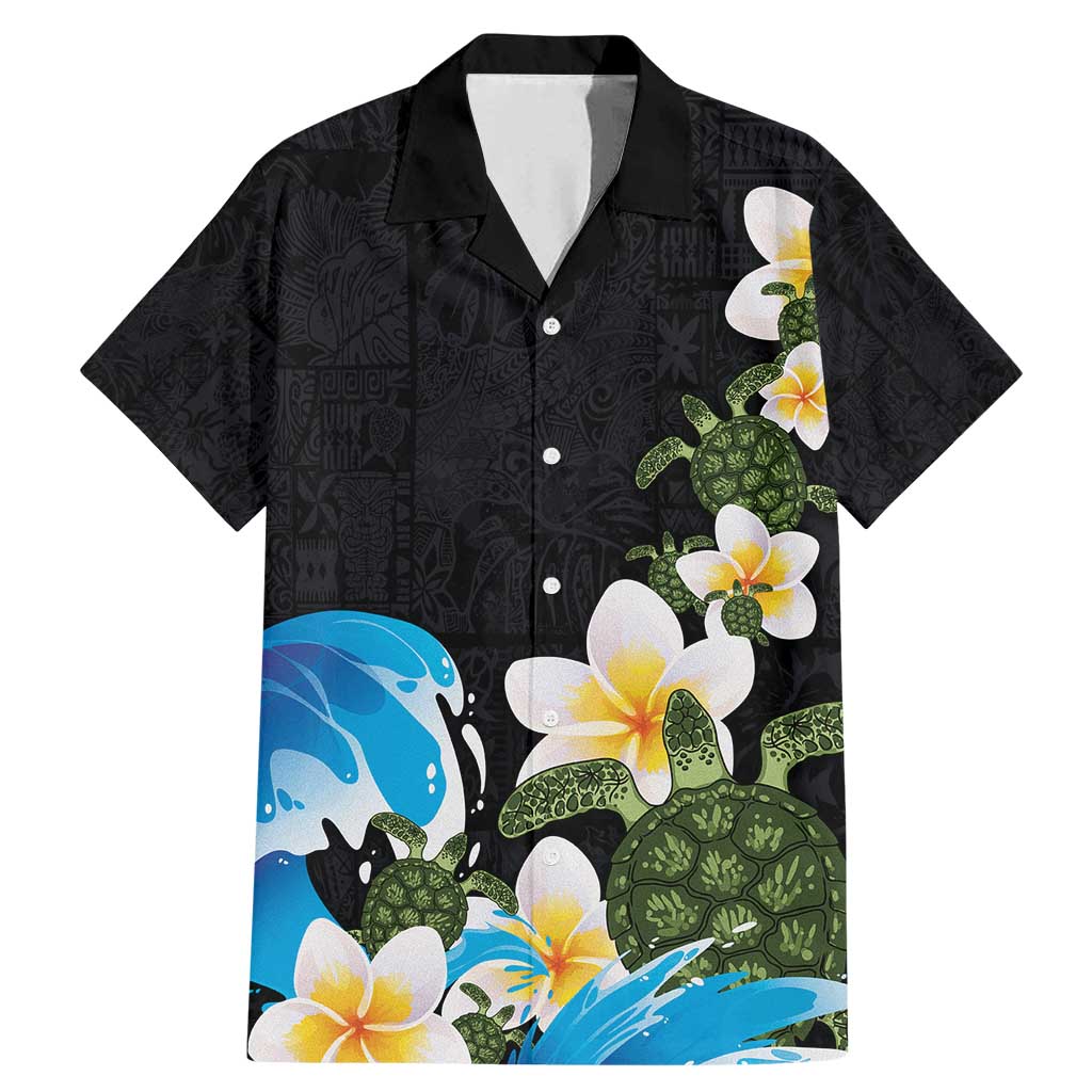 Hawaiian Plumeria and Turtle Family Matching Mermaid Dress and Hawaiian Shirt with Polynesian Tribal Art Pattern Vintage Vibes LT03 Dad's Shirt - Short Sleeve Black - Polynesian Pride