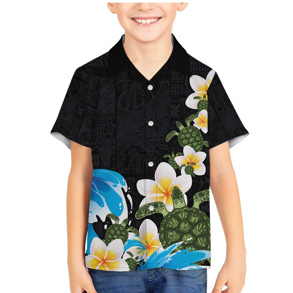 Hawaiian Plumeria and Turtle Family Matching Mermaid Dress and Hawaiian Shirt with Polynesian Tribal Art Pattern Vintage Vibes LT03 Son's Shirt Black - Polynesian Pride