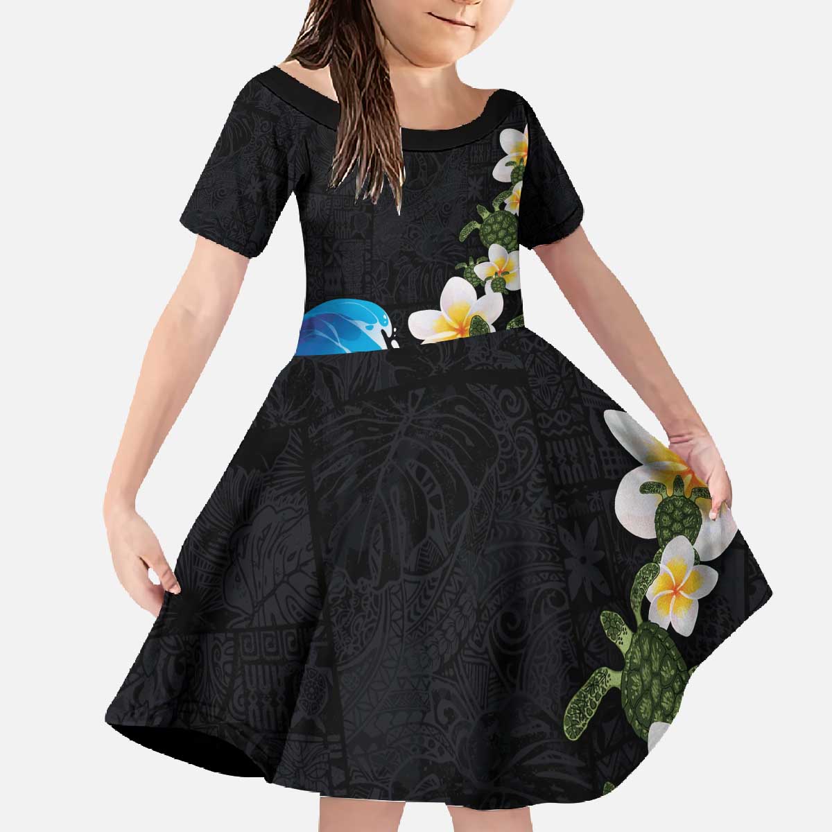 Hawaiian Plumeria and Turtle Family Matching Off The Shoulder Long Sleeve Dress and Hawaiian Shirt with Polynesian Tribal Art Pattern Vintage Vibes LT03 Daughter's Dress Black - Polynesian Pride