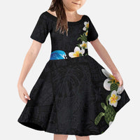 Hawaiian Plumeria and Turtle Family Matching Off The Shoulder Long Sleeve Dress and Hawaiian Shirt with Polynesian Tribal Art Pattern Vintage Vibes LT03 Daughter's Dress Black - Polynesian Pride