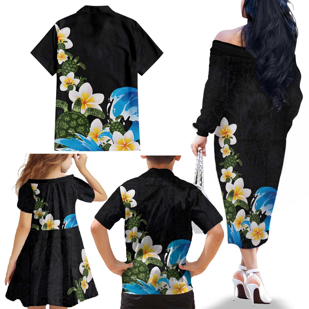 Hawaiian Plumeria and Turtle Family Matching Off The Shoulder Long Sleeve Dress and Hawaiian Shirt with Polynesian Tribal Art Pattern Vintage Vibes LT03 - Polynesian Pride