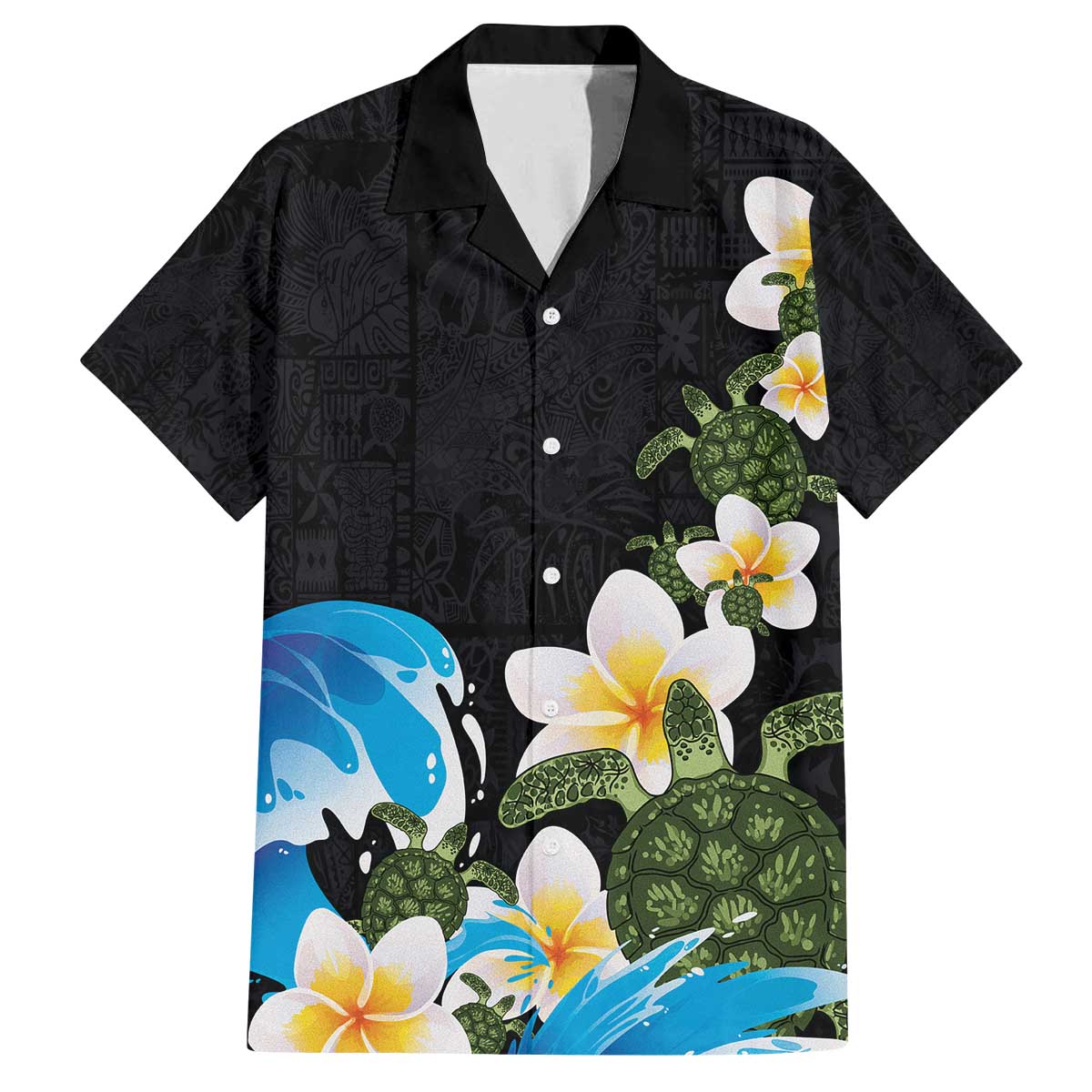 Hawaiian Plumeria and Turtle Family Matching Off The Shoulder Long Sleeve Dress and Hawaiian Shirt with Polynesian Tribal Art Pattern Vintage Vibes LT03 Dad's Shirt - Short Sleeve Black - Polynesian Pride