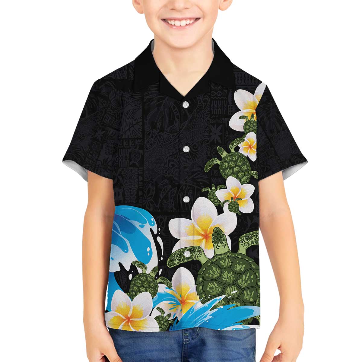 Hawaiian Plumeria and Turtle Family Matching Off The Shoulder Long Sleeve Dress and Hawaiian Shirt with Polynesian Tribal Art Pattern Vintage Vibes LT03 Son's Shirt Black - Polynesian Pride