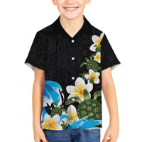 Hawaiian Plumeria and Turtle Family Matching Off The Shoulder Long Sleeve Dress and Hawaiian Shirt with Polynesian Tribal Art Pattern Vintage Vibes LT03 Son's Shirt Black - Polynesian Pride