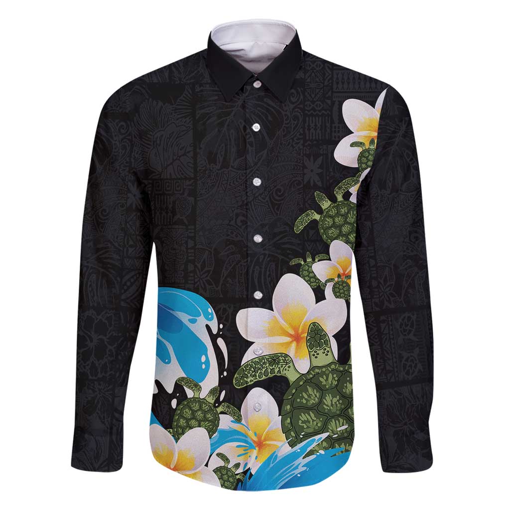 Hawaiian Plumeria and Turtle Family Matching Off Shoulder Maxi Dress and Hawaiian Shirt with Polynesian Tribal Art Pattern Vintage Vibes LT03 Dad's Shirt - Long Sleeve Black - Polynesian Pride