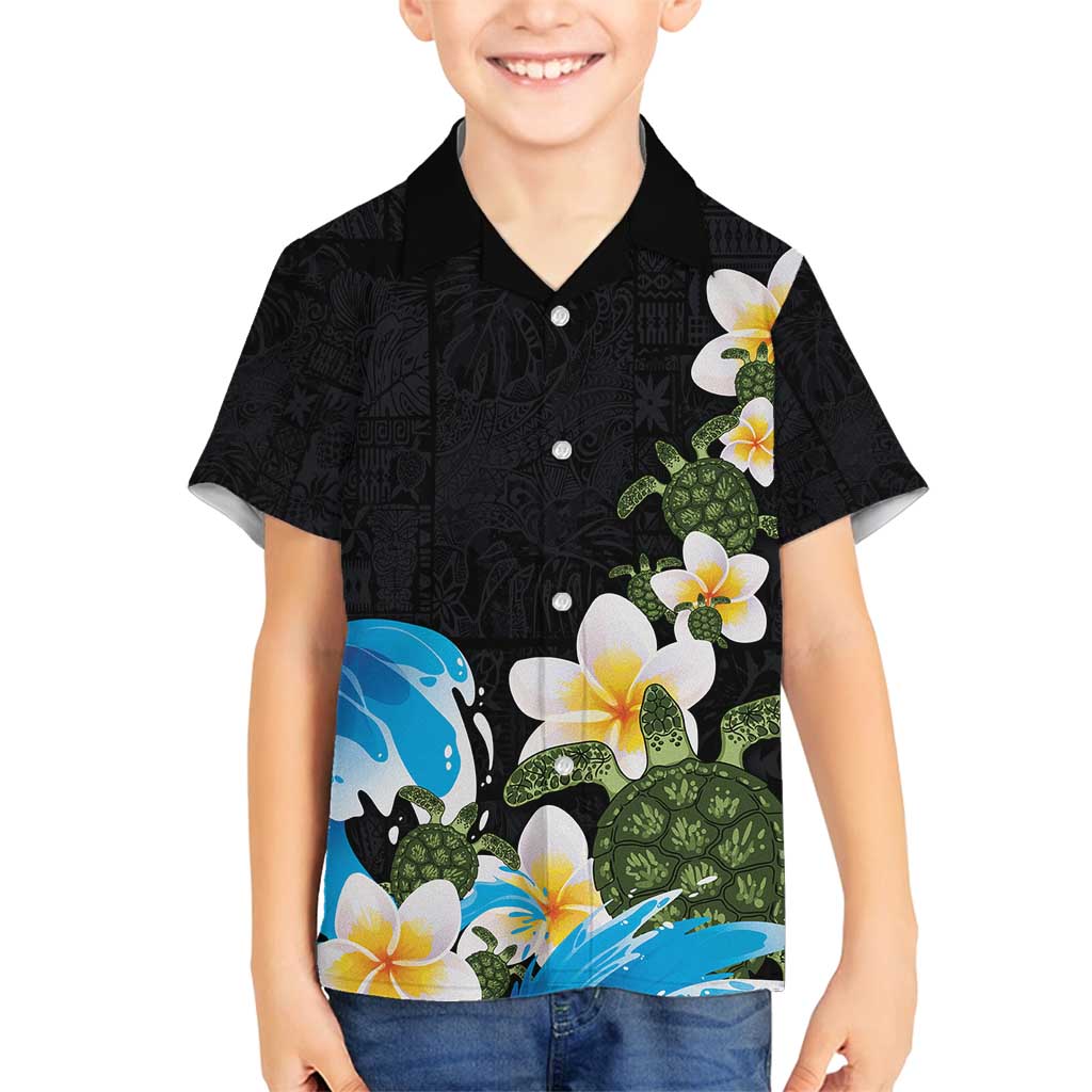 Hawaiian Plumeria and Turtle Family Matching Puletasi and Hawaiian Shirt with Polynesian Tribal Art Pattern Vintage Vibes LT03 Son's Shirt Black - Polynesian Pride