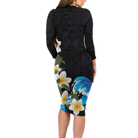 Hawaiian Plumeria and Turtle Long Sleeve Bodycon Dress with Polynesian Tribal Art Pattern Vintage Vibes LT03 - Polynesian Pride