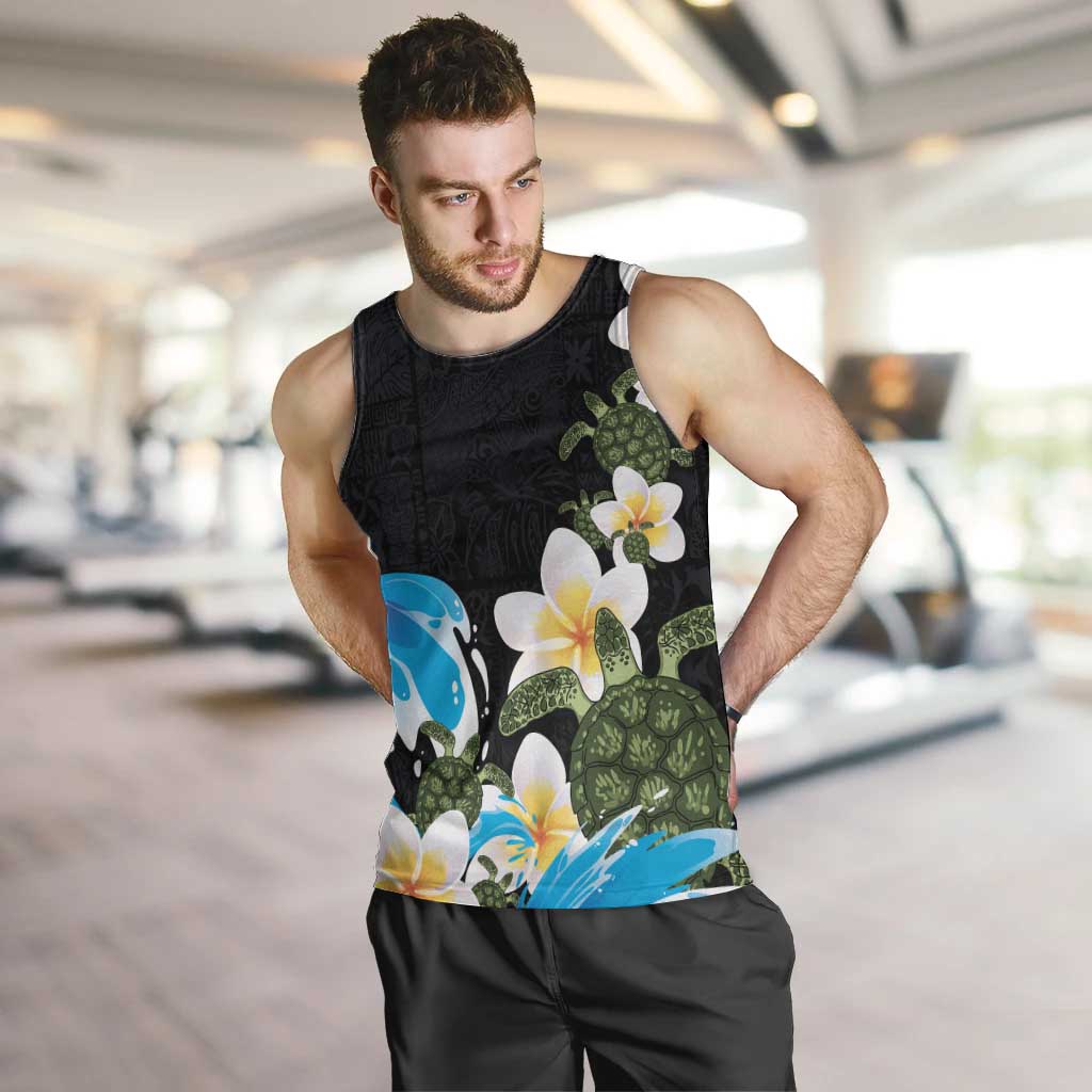 Hawaiian Plumeria and Turtle Men Tank Top with Polynesian Tribal Art Pattern Vintage Vibes LT03 Black - Polynesian Pride
