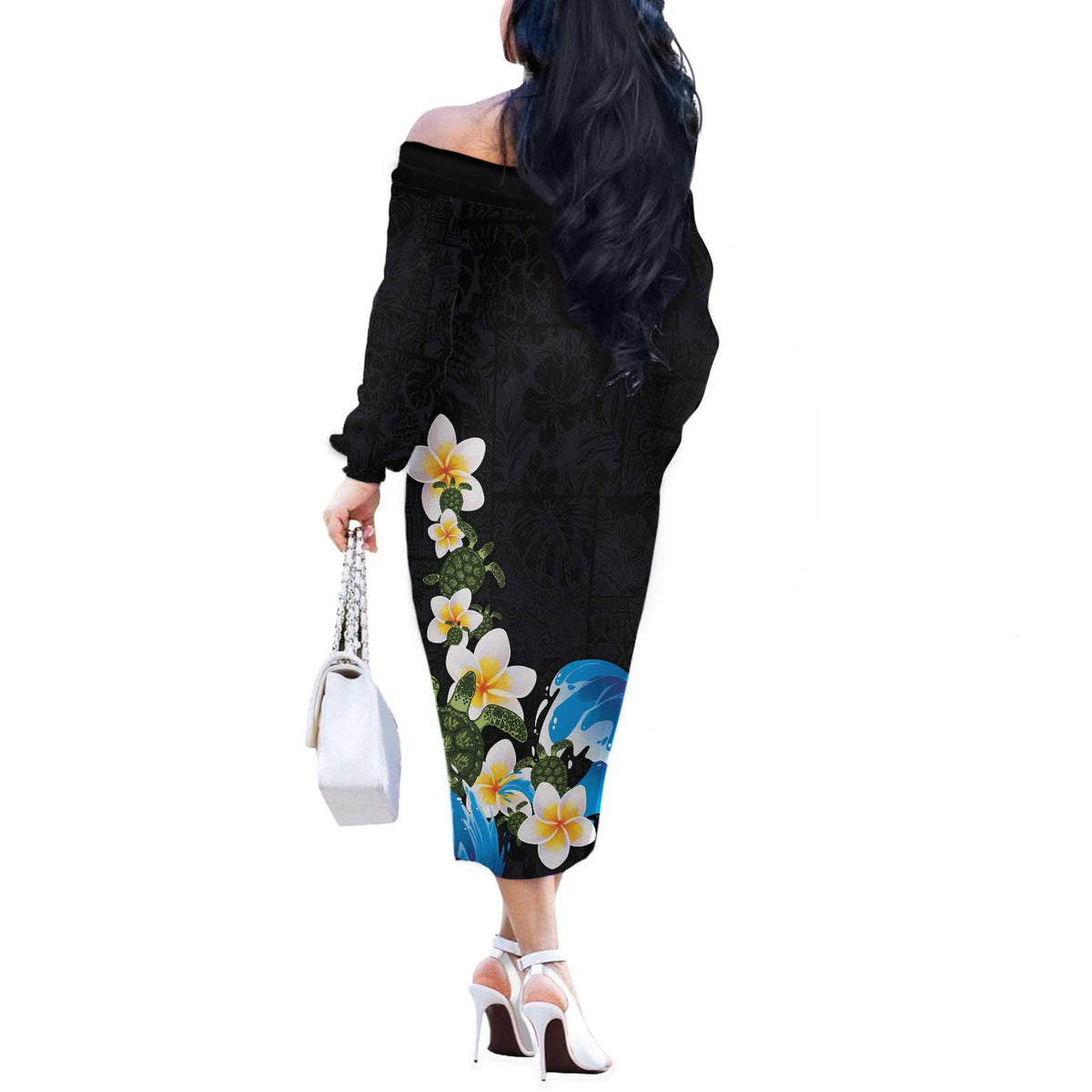 Hawaiian Plumeria and Turtle Off The Shoulder Long Sleeve Dress with Polynesian Tribal Art Pattern Vintage Vibes LT03 - Polynesian Pride