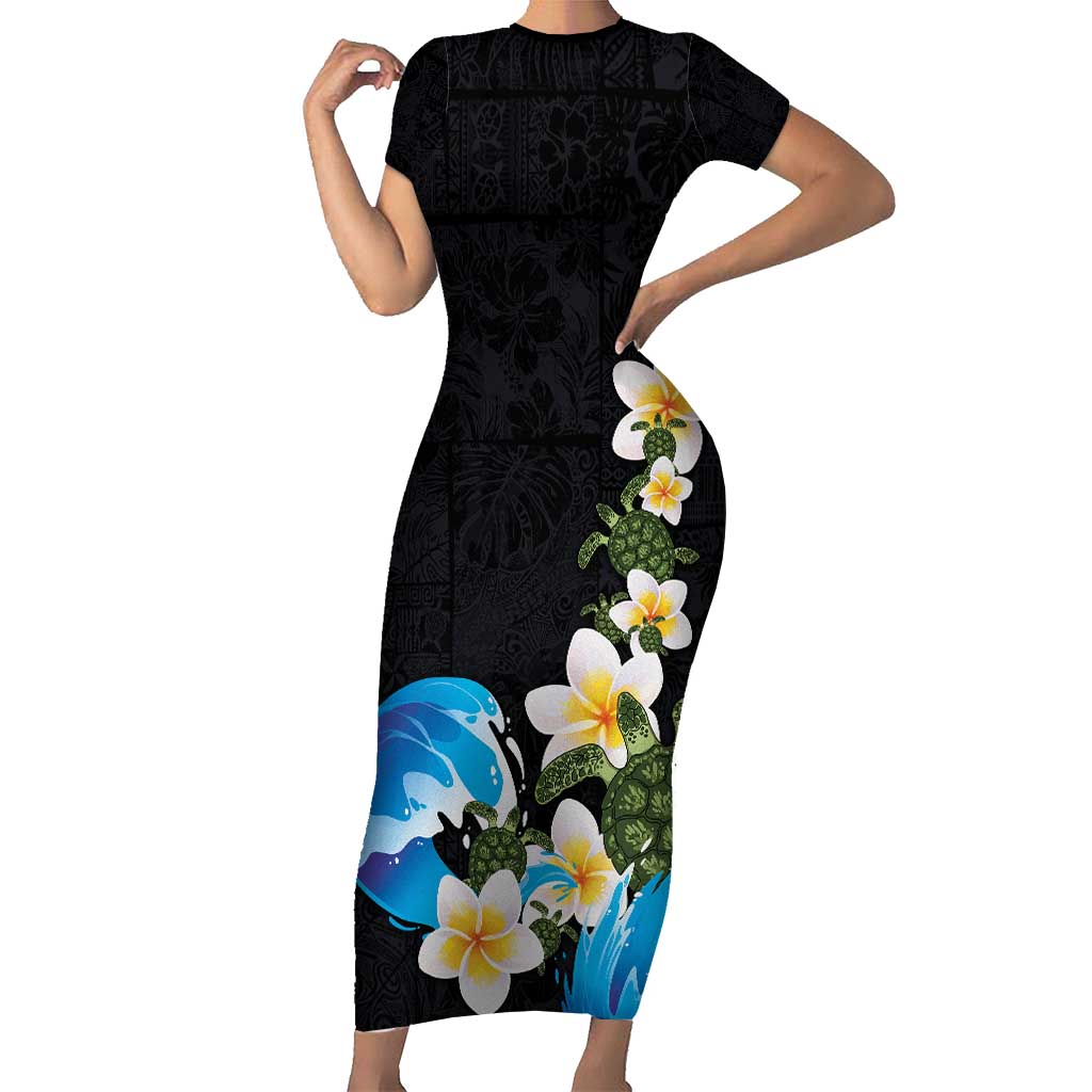 Hawaiian Plumeria and Turtle Short Sleeve Bodycon Dress with Polynesian Tribal Art Pattern Vintage Vibes LT03 Long Dress Black - Polynesian Pride