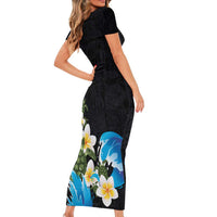 Hawaiian Plumeria and Turtle Short Sleeve Bodycon Dress with Polynesian Tribal Art Pattern Vintage Vibes LT03 - Polynesian Pride