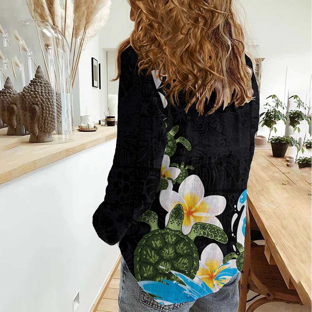 Hawaiian Plumeria and Turtle Women Casual Shirt with Polynesian Tribal Art Pattern Vintage Vibes LT03 - Polynesian Pride