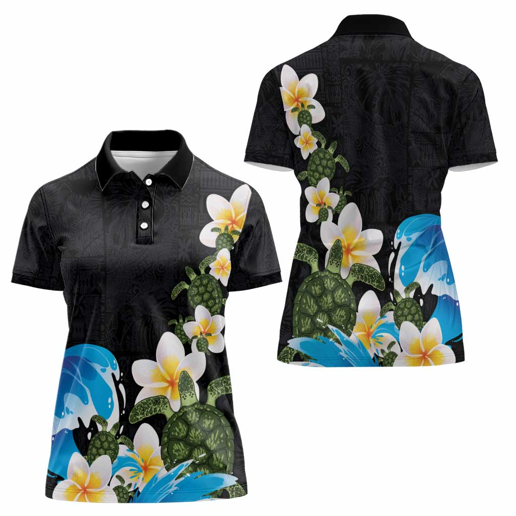 Hawaiian Plumeria and Turtle Women Polo Shirt with Polynesian Tribal Art Pattern Vintage Vibes