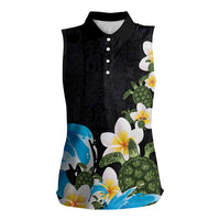Hawaiian Plumeria and Turtle Women Sleeveless Polo Shirt with Polynesian Tribal Art Pattern Vintage Vibes LT03 Female Black - Polynesian Pride