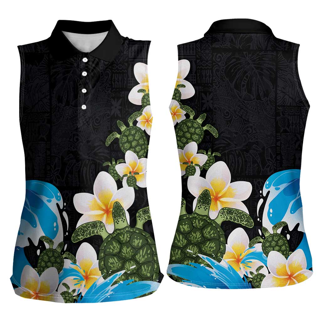 Hawaiian Plumeria and Turtle Women Sleeveless Polo Shirt with Polynesian Tribal Art Pattern Vintage Vibes LT03 - Polynesian Pride