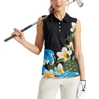 Hawaiian Plumeria and Turtle Women Sleeveless Polo Shirt with Polynesian Tribal Art Pattern Vintage Vibes LT03 - Polynesian Pride