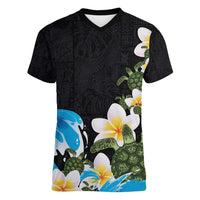 Hawaiian Plumeria and Turtle Women V-Neck T-Shirt with Polynesian Tribal Art Pattern Vintage Vibes LT03 Female Black - Polynesian Pride