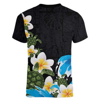Hawaiian Plumeria and Turtle Women V-Neck T-Shirt with Polynesian Tribal Art Pattern Vintage Vibes LT03 - Polynesian Pride