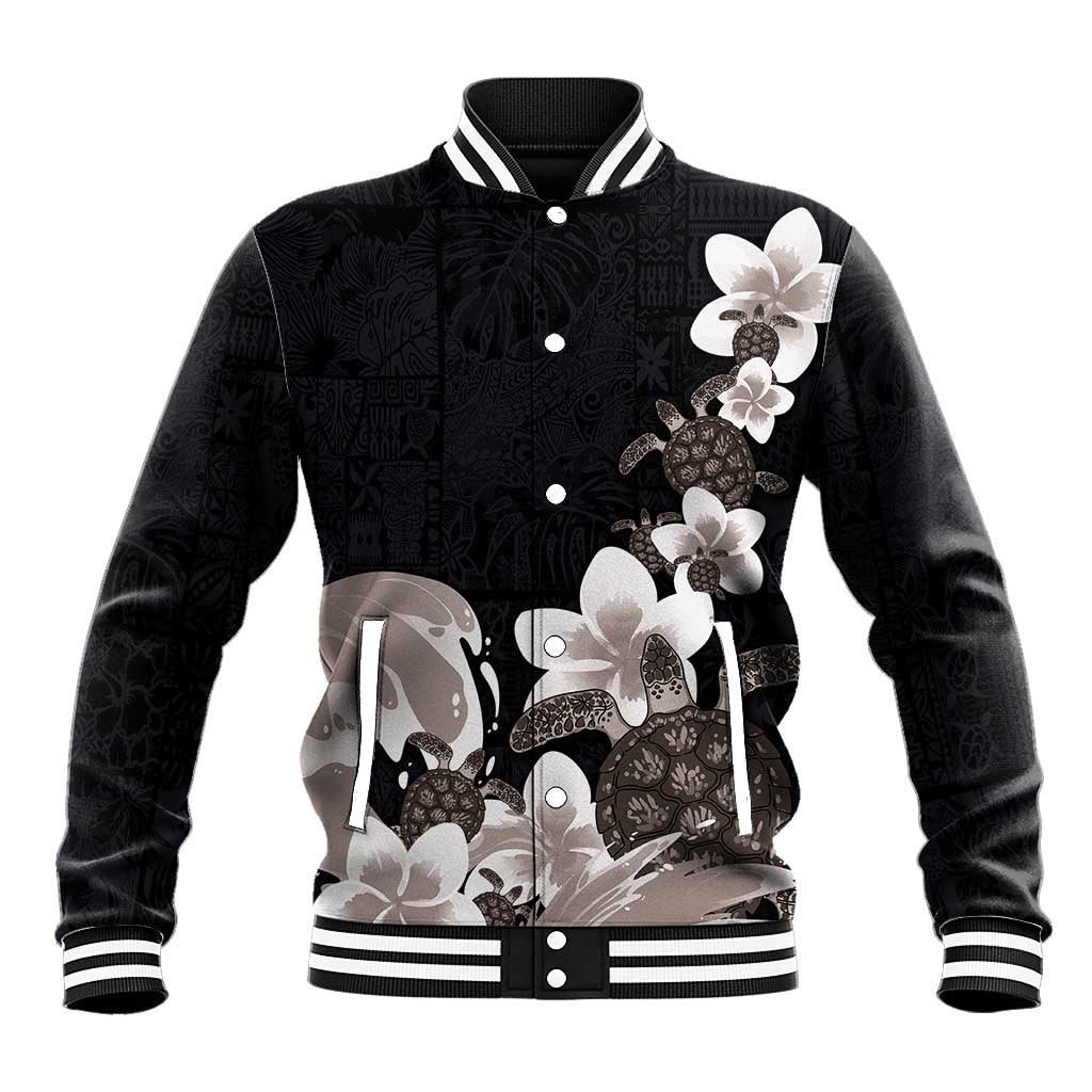 Hawaiian Plumeria and Turtle Baseball Jacket with Polynesian Tribal Art Pattern Grayscale Color
