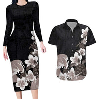 Hawaiian Plumeria and Turtle Couples Matching Long Sleeve Bodycon Dress and Hawaiian Shirt with Polynesian Tribal Art Pattern Grayscale Color LT03 Black - Polynesian Pride