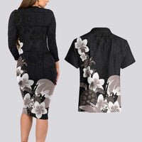 Hawaiian Plumeria and Turtle Couples Matching Long Sleeve Bodycon Dress and Hawaiian Shirt with Polynesian Tribal Art Pattern Grayscale Color LT03 - Polynesian Pride