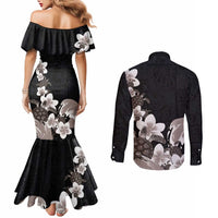 Hawaiian Plumeria and Turtle Couples Matching Mermaid Dress and Long Sleeve Button Shirt with Polynesian Tribal Art Pattern Grayscale Color