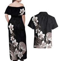 Hawaiian Plumeria and Turtle Couples Matching Off Shoulder Maxi Dress and Hawaiian Shirt with Polynesian Tribal Art Pattern Grayscale Color LT03 - Polynesian Pride