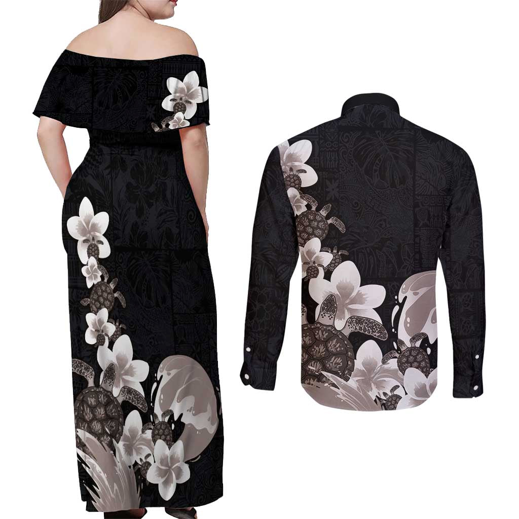 Hawaiian Plumeria and Turtle Couples Matching Off Shoulder Maxi Dress and Long Sleeve Button Shirt with Polynesian Tribal Art Pattern Grayscale Color