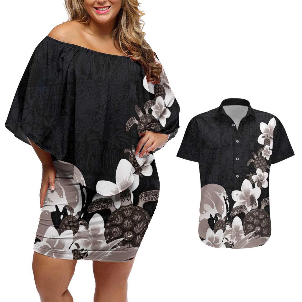 Hawaiian Plumeria and Turtle Couples Matching Off Shoulder Short Dress and Hawaiian Shirt with Polynesian Tribal Art Pattern Grayscale Color