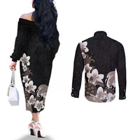 Hawaiian Plumeria and Turtle Couples Matching Off The Shoulder Long Sleeve Dress and Long Sleeve Button Shirt with Polynesian Tribal Art Pattern Grayscale Color
