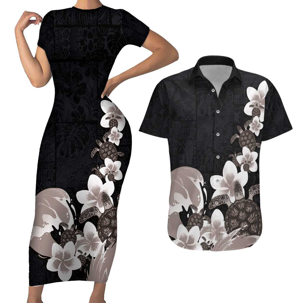 Hawaiian Plumeria and Turtle Couples Matching Short Sleeve Bodycon Dress and Hawaiian Shirt with Polynesian Tribal Art Pattern Grayscale Color LT03 Black - Polynesian Pride