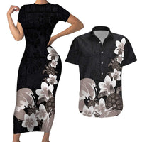 Hawaiian Plumeria and Turtle Couples Matching Short Sleeve Bodycon Dress and Hawaiian Shirt with Polynesian Tribal Art Pattern Grayscale Color LT03 Black - Polynesian Pride