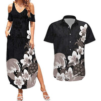 Hawaiian Plumeria and Turtle Couples Matching Summer Maxi Dress and Hawaiian Shirt with Polynesian Tribal Art Pattern Grayscale Color