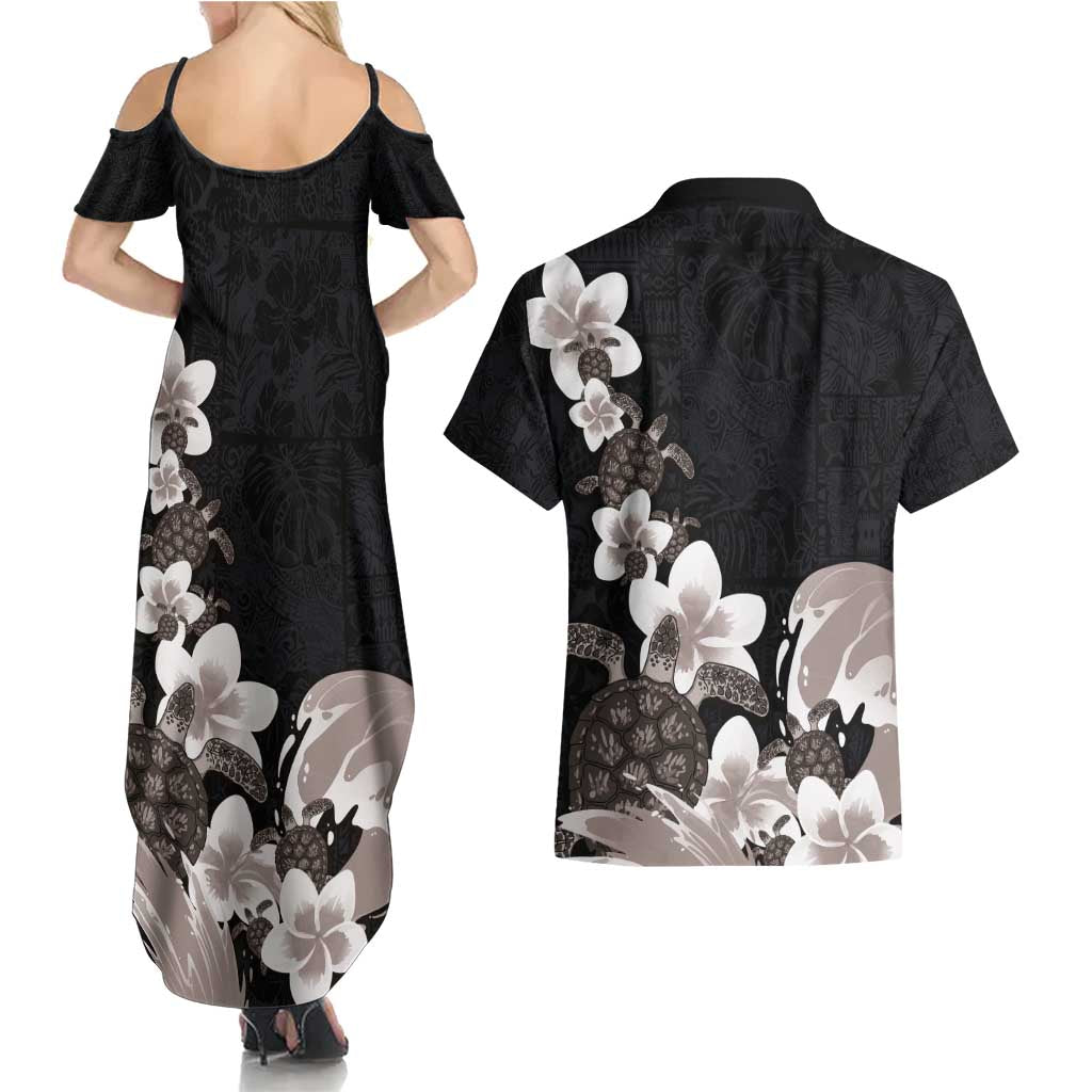 Hawaiian Plumeria and Turtle Couples Matching Summer Maxi Dress and Hawaiian Shirt with Polynesian Tribal Art Pattern Grayscale Color