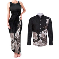 Hawaiian Plumeria and Turtle Couples Matching Tank Maxi Dress and Long Sleeve Button Shirt with Polynesian Tribal Art Pattern Grayscale Color