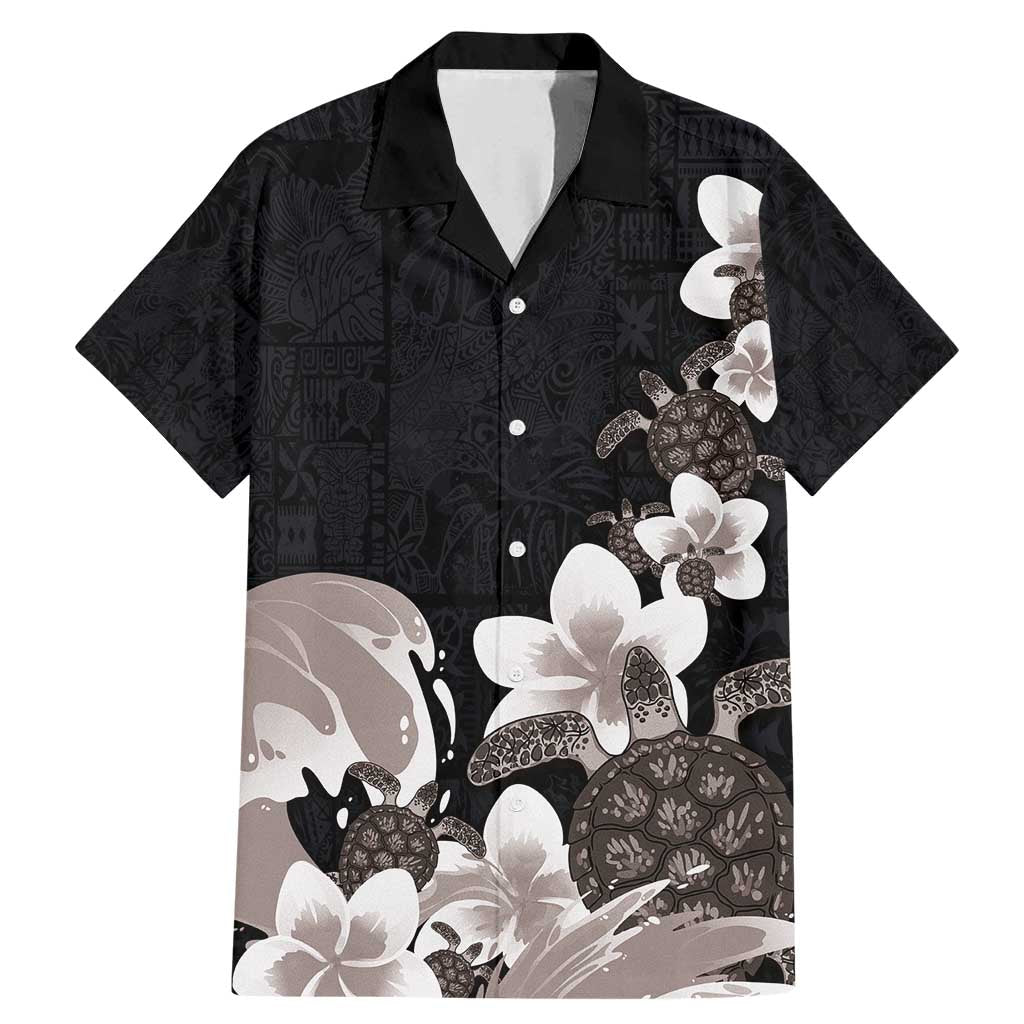 Hawaiian Plumeria and Turtle Family Matching Mermaid Dress and Hawaiian Shirt with Polynesian Tribal Art Pattern Grayscale Color LT03 Dad's Shirt - Short Sleeve Black - Polynesian Pride