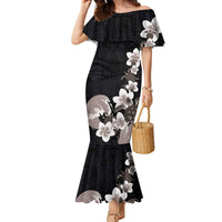 Hawaiian Plumeria and Turtle Family Matching Mermaid Dress and Hawaiian Shirt with Polynesian Tribal Art Pattern Grayscale Color LT03 Mom's Dress Black - Polynesian Pride