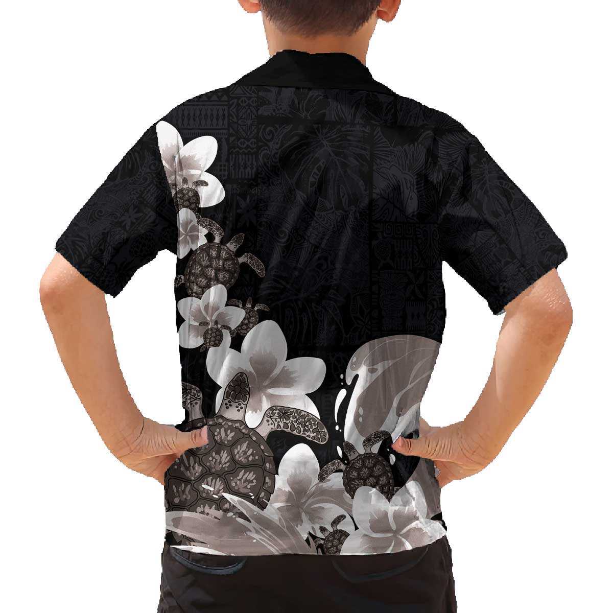 Hawaiian Plumeria and Turtle Family Matching Off The Shoulder Long Sleeve Dress and Hawaiian Shirt with Polynesian Tribal Art Pattern Grayscale Color LT03 - Polynesian Pride