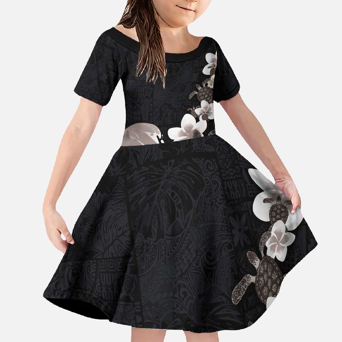Hawaiian Plumeria and Turtle Family Matching Off The Shoulder Long Sleeve Dress and Hawaiian Shirt with Polynesian Tribal Art Pattern Grayscale Color LT03 Daughter's Dress Black - Polynesian Pride