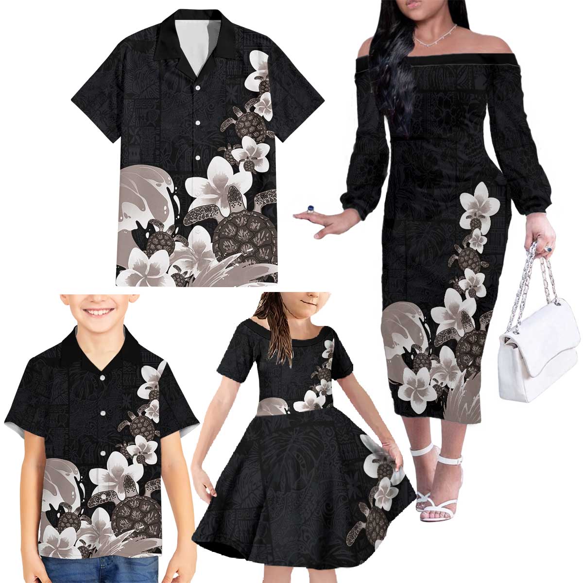 Hawaiian Plumeria and Turtle Family Matching Off The Shoulder Long Sleeve Dress and Hawaiian Shirt with Polynesian Tribal Art Pattern Grayscale Color LT03 - Polynesian Pride
