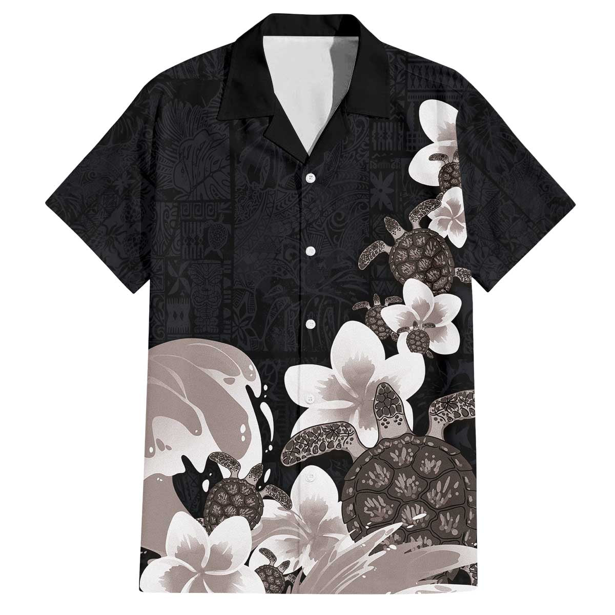 Hawaiian Plumeria and Turtle Family Matching Off The Shoulder Long Sleeve Dress and Hawaiian Shirt with Polynesian Tribal Art Pattern Grayscale Color LT03 Dad's Shirt - Short Sleeve Black - Polynesian Pride