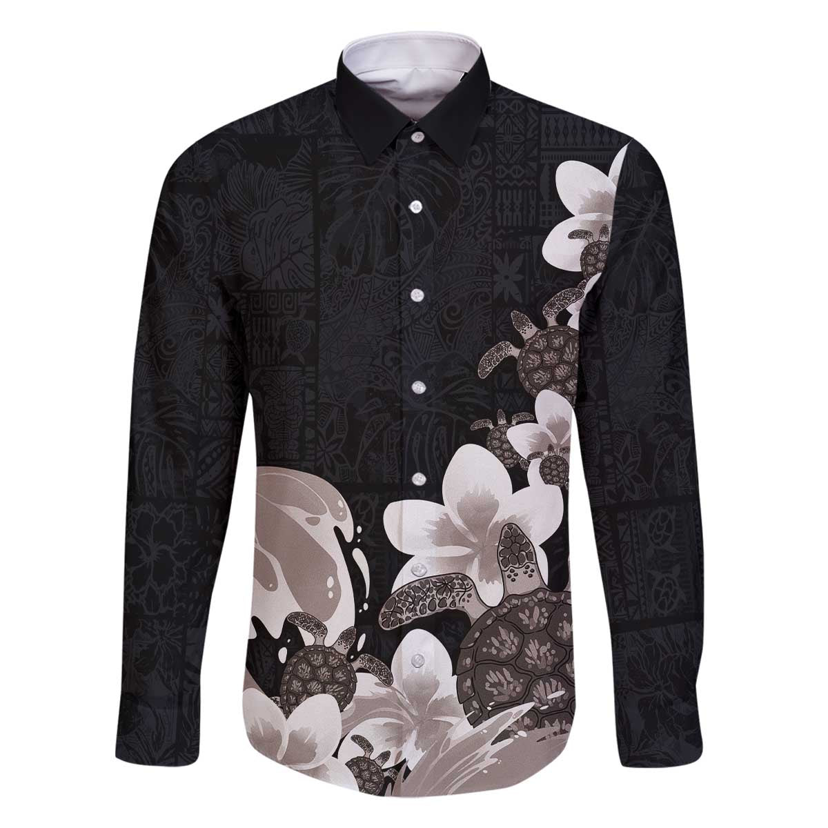 Hawaiian Plumeria and Turtle Family Matching Off The Shoulder Long Sleeve Dress and Hawaiian Shirt with Polynesian Tribal Art Pattern Grayscale Color LT03 Dad's Shirt - Long Sleeve Black - Polynesian Pride