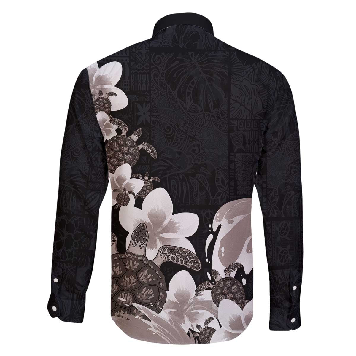 Hawaiian Plumeria and Turtle Family Matching Off The Shoulder Long Sleeve Dress and Hawaiian Shirt with Polynesian Tribal Art Pattern Grayscale Color LT03 - Polynesian Pride