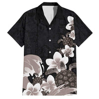 Hawaiian Plumeria and Turtle Family Matching Off Shoulder Maxi Dress and Hawaiian Shirt with Polynesian Tribal Art Pattern Grayscale Color LT03 Dad's Shirt - Short Sleeve Black - Polynesian Pride