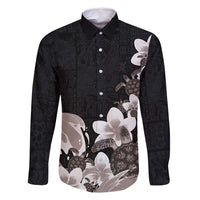 Hawaiian Plumeria and Turtle Family Matching Off Shoulder Maxi Dress and Hawaiian Shirt with Polynesian Tribal Art Pattern Grayscale Color LT03 Dad's Shirt - Long Sleeve Black - Polynesian Pride